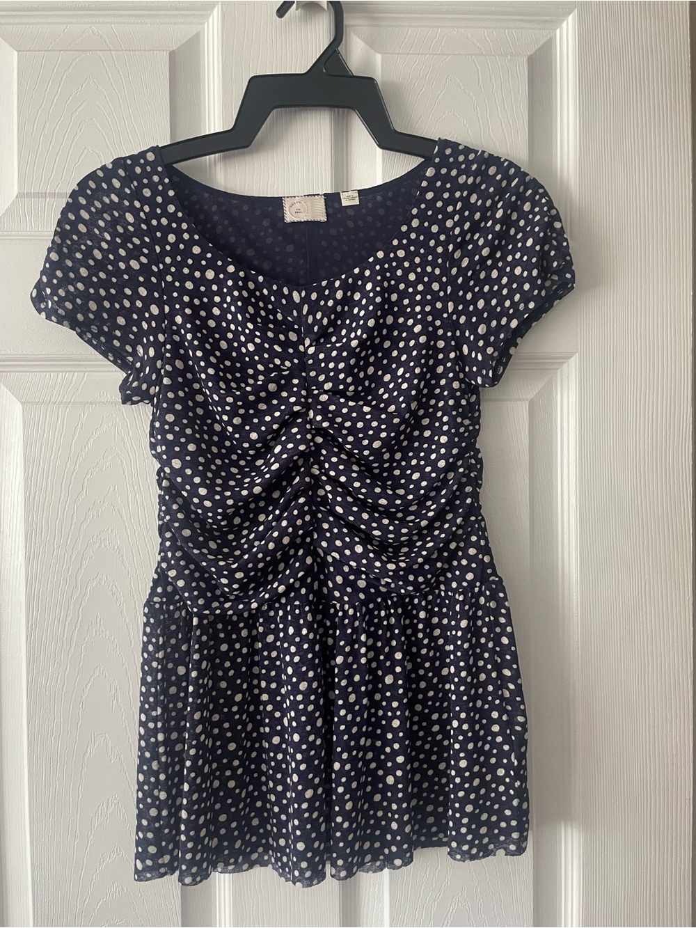 Anthropologie Navy Polka Dot Short Sleeve Peplum Blouse